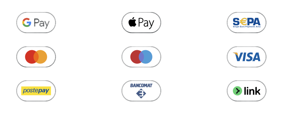 Metodi di pagamento accettati: Google Pay, Apple Pay, SEPA, Mastercard, Maestro, Visa, Postepay, Bancomat, Link