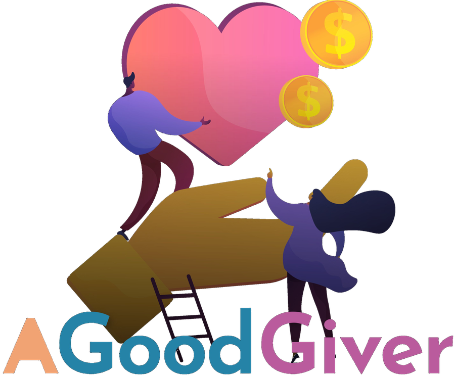 Illustrazione AGoodGiver: due personaggi sostengono un cuore pieno di monete sopra una mano aperta